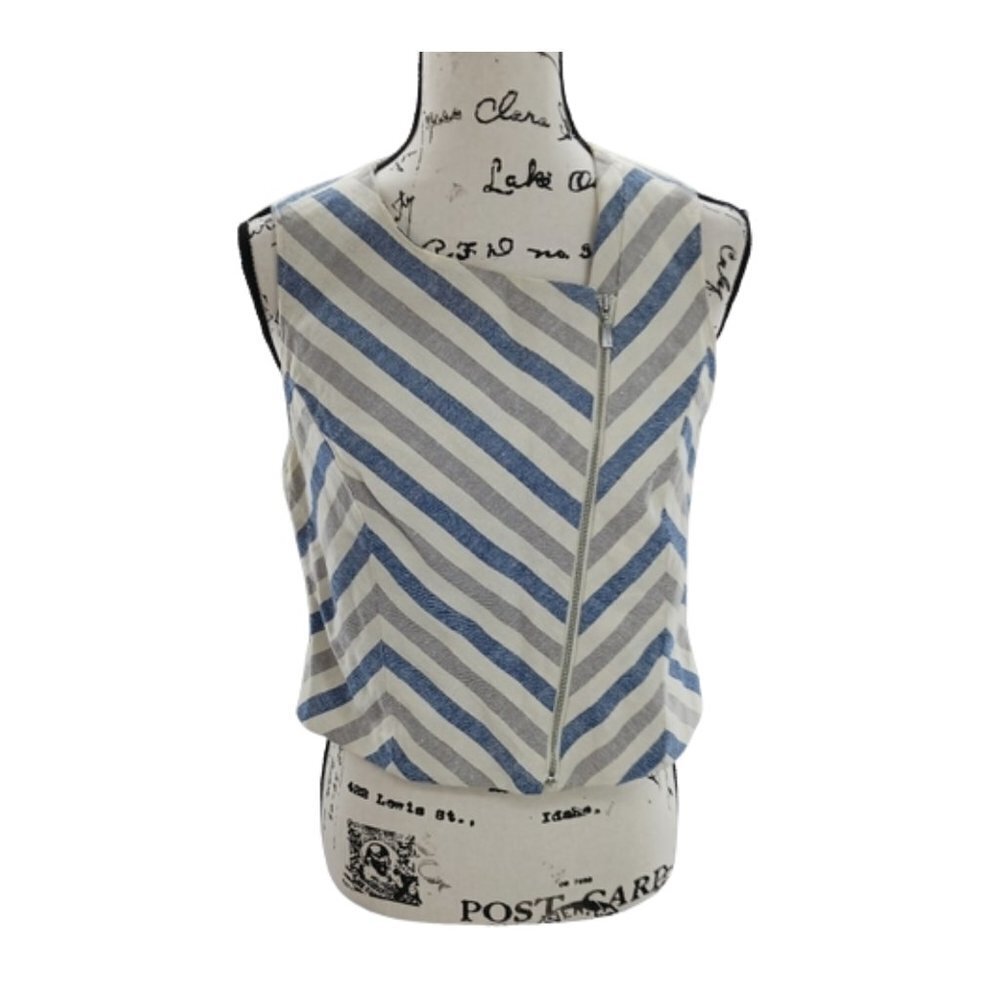 Chico's Vest Blouse Black Label Linen Asymmetrical Chevron Womens Size Small
